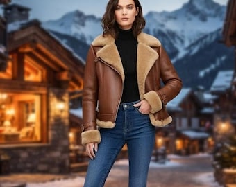 HandMade Leather Jacket Shearling Coat for Women Biker Moto Style Christmass Gift 2026