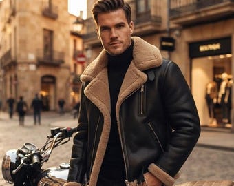 Handmade Men Genuine Leather B3 Bomber Jacket, Faux Shearling Lined, Vintage Style Biker Coat