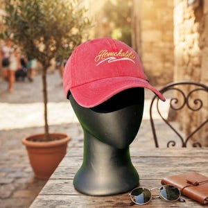 Homohabilis Embroidered Dad Hat | Red Stone Wash Cotton Baseball Cap
