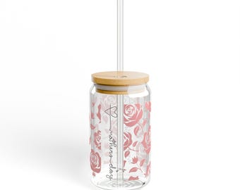 Rosmönstrat sipperglas, 473 ml - Present till mamma, Mors dag, bambulock, sugrör, iste, kaffe, vatten