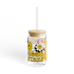Good Vibes Sipper Glass, Smileys and Flowers Design, 16oz - Summer Drinkware, Party Cup, Gift Idea, Colorful Tumbler, Unique Glassware