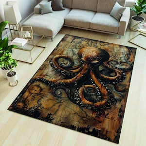 Motif pieuvre, tapis pieuvre, design pieuvre, tapis animaux, tapis décoratif, tapis fantastique, tapis de salon, cadeau de pendaison de crémaillère, tapis antidérapant