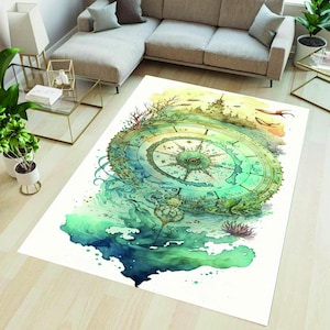 Tapis sur le thème de la tour de la jeune fille, tapis boussole, tapis nautique, carte rétro, tapis de sol ancre, décoration maritime, tapis sur le thème de l'océan, vie côtière, cadeau de marin