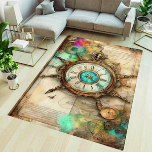 Tapis boussole, tapis nautique, carte rétro, tapis de sol ancre, décoration maritime, tapis sur le thème de l'océan, tapis de roue de bateau, vie côtière, cadeau de marin