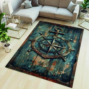 Cadeau de marin, tapis pour roues de bateau, tapis boussole, tapis nautique, carte rétro, tapis de sol ancre, décoration maritime, tapis sur le thème de l'océan, vie côtière,