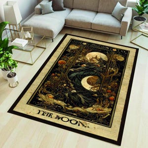 Moon Themed Rug,Dark Rug,Vintage Livingroom Rug,Vintage Artistic Living Room Rug,Wildflower Rug,Modern Rug,Washable Rug,Non Slip Rug