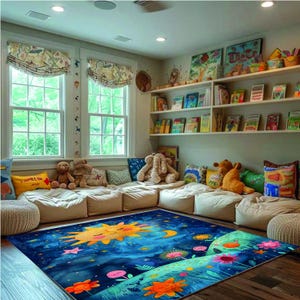 Night Nature View Themed Rug,Sun Rug,Navy Blue Rug,Wild Flowers Rug, Stars Rug,Nursery Rug,Rug for children&#39;s room,Washable Rug,Non Slip Rug