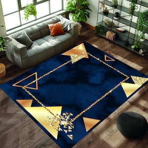 Blue and Gold Geometric Rug,Large Area Rug,Geometric Shaped Rug,Living Room Rug,Modern Rug,Gold Striped Rug,Washable Rug,Non Slip Rug