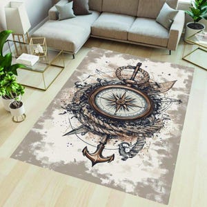 Tapis boussole, tapis nautique, carte rétro, tapis de sol ancre, décoration maritime, tapis sur le thème de l'océan, tapis de roue de bateau, vie côtière, cadeau de marin