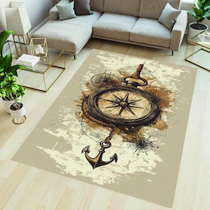 Tapis de roue de navire, vie côtière, cadeau de marin, tapis boussole, tapis nautique, carte rétro, tapis de sol ancre, décoration maritime, tapis sur le thème de l'océan,