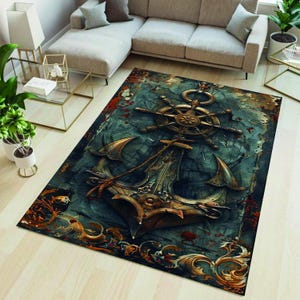 Tapis nautique, carte rétro, tapis boussole, tapis de sol ancre, décoration maritime, tapis sur le thème de l'océan, tapis de roue de bateau, vie côtière, cadeau de marin
