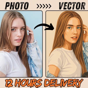 以下が含まれることがあります： 写真とベクターイラストを比較した画像。長い茶色の髪の女性が白いTシャツとデニムジャケットを着ています。上部のテキストは「PHOTO >>> VECTOR」と書かれています。下部のテキストは「12 HOURS DELIVERY」と書かれています。