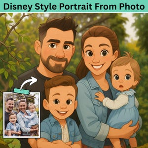 Custom Portrait From Photo, Disney Inspired Cartoon Portrait For Kids, Family Couples And Pets, Personalized Portrait Gifts - 12 Hours