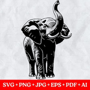 May include: A monochrome illustration of an elephant, trunk raised. The elephant is rendered in a detailed, stylized style, with visible tusks and textured skin. This vector graphic is suitable for digital applications. The image includes the text 'SVG + PNG + JPG + EPS + PDF + AI'.