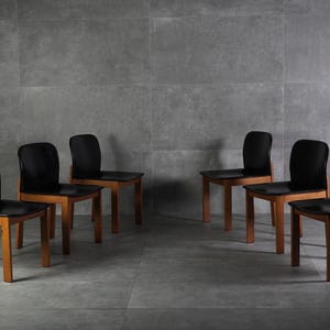 Set of 6 Vintage Italian Dining Chairs, 1970s Wood and Leather, Mid-Century Modern Chairs