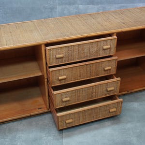 Vintage Italian Wicker Sideboard, 1970s Mid-Century Modern Rattan Cabinet, Boho Chic Sideboard