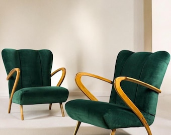 Wooden and Velvet Armchairs, 1940s, Set of 2