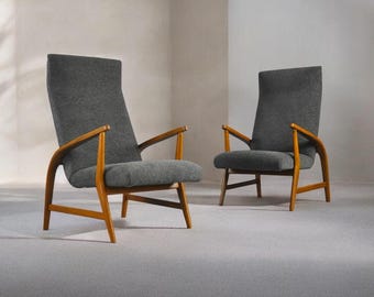 Pair of Italian Vintage Mid-Century High Back Lounge Chairs 1950s, Charcoal Green Bouclé Seating, Set of 2