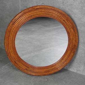 Vintage Round Wicker Wall Mirror, 1960s Bohemian Rattan Mirror, Mid-Century Natural Decor