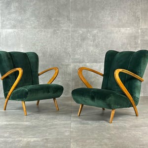 Wooden and Velvet Armchairs, 1940s, Set of 2