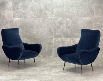 Set of Mid-Century Blue Velvet Armchairs, 1960s