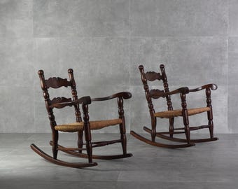 1950年代のヴィンテージロッキングチェア（藁の座面付き）、2脚セット