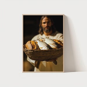 Jesús alimenta a los 5000 / 5 panes y peces, arte bíblico, arte de jesús, arte cristiano, arte cristiano bíblico