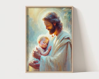 Held in Love: A Tender Portrait of Jesus and Baby – Digital Art Print, Christian Wall Art, Modern Jesus Painting, Jesus art decor