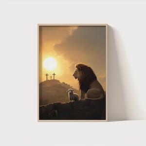 Lion And Lamb Art | biblical symbolism, christian wall decor, religious decor, modern christian art, lamb and lion, lion and lamb prints