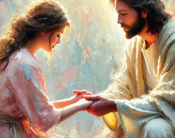 Jesus Holding Hands Art, Christian Wall Art Printable, LDS Art, Jesus and Woman Painting, Bible Art Print, Religious Gift for Her