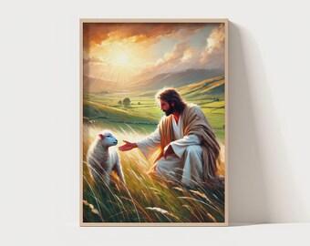 Jesus Saves Lamb | Jesus artful shepherd, Jesus Leaves the 99, Bible Art Print, shepherd jesus art, Modern Jesus Painting