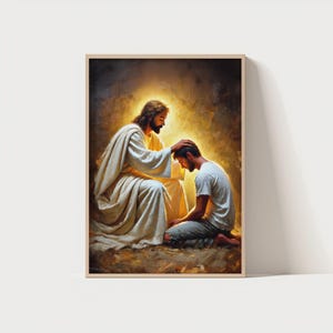 May include: A painting depicting a man in a white robe laying his hand on the head of a kneeling man. The scene is set in a dimly lit room with a soft golden light emanating from the robed man.
