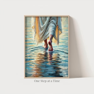 Schritt für Schritt | Jesus geht auf Wasser Kunstdruck | Christliches Wiederanlaufgeschenk | Glaube durch den Sturm Wandkunst
