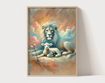 The Lion and Lamb | christian wall art, digital art print, religious decor, inspirational home decor