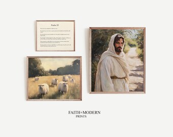 Christian Wall Art Set of 3 | Printable Christian Wall Art, bible verse, psalms 23, scriptures wall art, good shepherd art