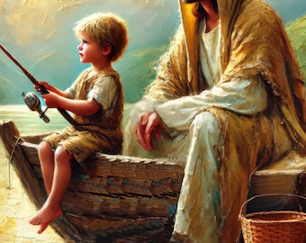 Jesus Fishing with Boy Art, Christian Wall Art Printable, Jesus and Child Art, Bible Art Print, Fishing Gift for Dad, Faith Wall Decor