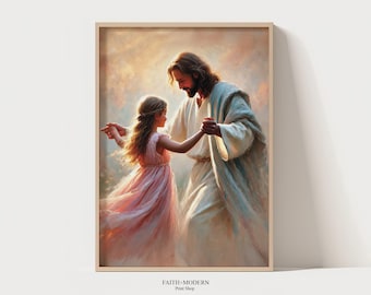 Dancing in His Grace | Jesus with Daughter Art | Christian Girl Wall Decor | Faith Family Print