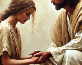 Dochter, je geloof zal je genezen, Jezus geneest vrouw kunst, afdrukbare christelijke muurkunst, Bijbelkunstdruk, Jezus hand in hand, religieus geschenk
