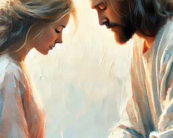 Jesus Holding Hands Art, Christian Wall Art Printable, Jesus and Woman Painting, Faith Artwork, Bible Art Print, Religious Gift