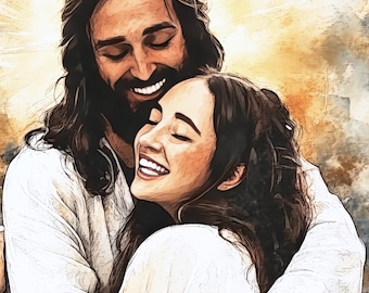 Jesus Hugging Woman Printable Wall Art – Daughter of God Christian Decor – Inspirational Faith Art – Religious Gift for Women
