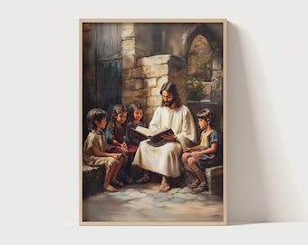 Jesus Teaching Kids | Jesus with children, Jesus and kids art, christian painting, home decor wall art jesus