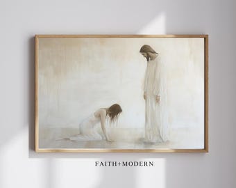 Jesus Heals Woman | Printable Christian Wall Art, Jesus miracle, Jesus art boho, bible artful wall art, modern art christian