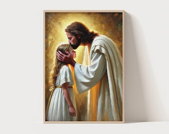 Blessed and Welcomed–Jesus and girl art, Jesus and kids art, Christian Painting, Lds jesus and girl, Bible Wall Art