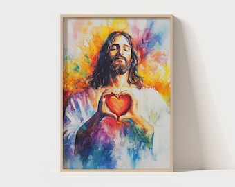 Jesus Sacred Heart | Sacred Heart of Jesus, watercolor Jesus art, bible verse wall art, Jesus portrait, christian art