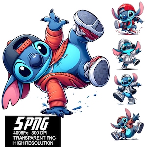 May include: Five digital illustrations of a blue cartoon character with large ears, wearing different outfits and poses. The character is wearing a red and blue jacket, a blue and white jacket, a red and white hat, a blue and white hat, and a red and white hat. The character is also wearing sneakers in each illustration. The illustrations are on a white background.