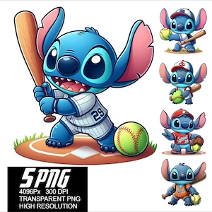 Op de afbeelding: Een blauw Stitch-personage dat een honkbaluniform draagt met nummer 29 op de voorkant. Stitch houdt een honkbalknuppel vast en staat op een honkbalveld. Er zijn vijf verschillende Stitch-personages op de afbeelding, die elk een ander honkbaluniform dragen.