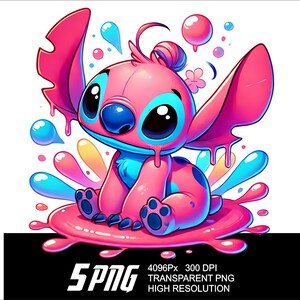 May include: A pink cartoon character with blue eyes and a blue nose, sitting on a pink puddle with blue and yellow splashes. The character has a pink and blue body with black spots and a pink bow on its head.