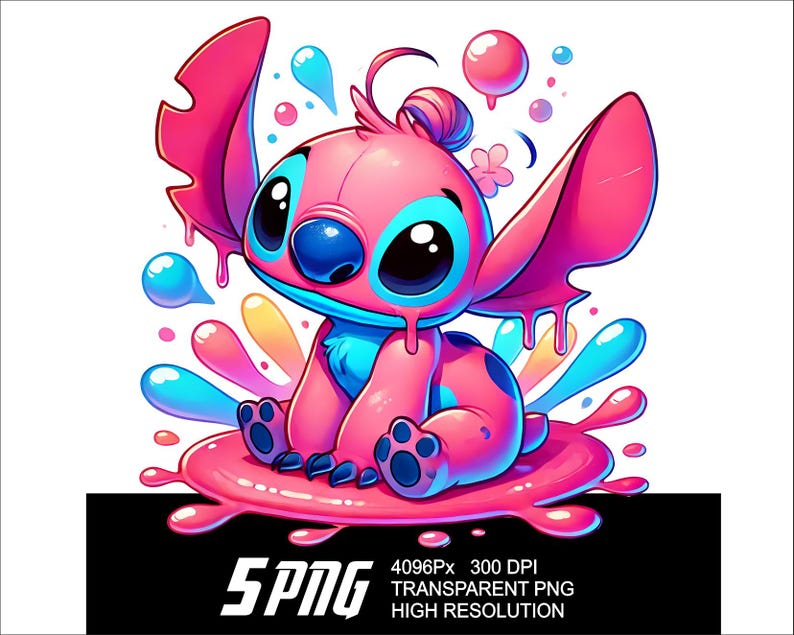 May include: A pink cartoon character with blue eyes and a blue nose, sitting on a pink puddle with blue and yellow splashes. The character has a pink and blue body with black spots and a pink bow on its head.