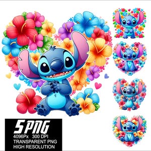 5 PNG Stitch Flowers Heart Design Stitch Love Flowers Png High Resolution 4096px  Designs printing or Sublimation for Tshirt Sticker Mug