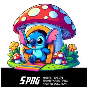 May include: A blue cartoon character with large ears and big eyes is standing in the doorway of a red and white mushroom house. The house is surrounded by green grass and yellow flowers.
